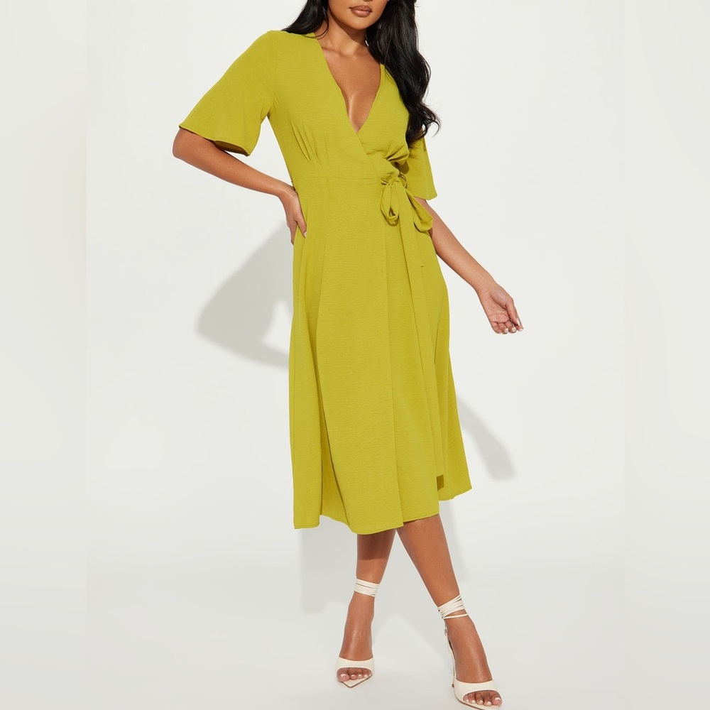 Fashion Nova Whitney Wrap Midi Dress, Size XS, Chartreuse, New With Tags.